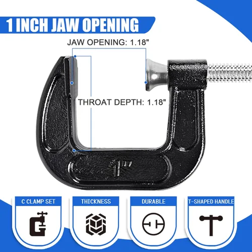 Miniatura 2 de 8 Pcs C Clamp 1 Inch Heavy Duty Steel C Clamp Set Cast Iron Frame Sliding T-Handle More Stability Massive Clamps for Woodworking, Welding, Building