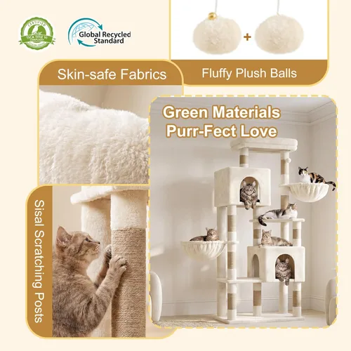 Miniatura 8 de Heybly 68.1" Cat Tree with Oversized Top Platform & Wide Base, Heavy Duty Cat Tower for Large Indoor Cats with 2 Condos, 2 Hammocks, 10 Sisal