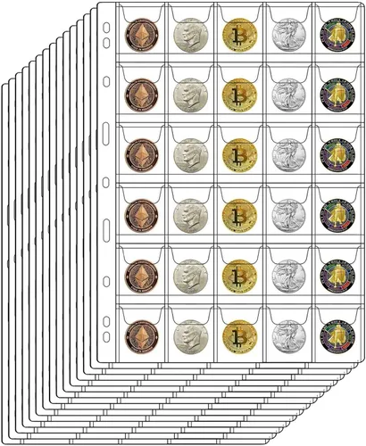 Miniatura 10 de Páginas de monedas de 42 bolsillos para coleccionistas, páginas estándar de colección de monedas de 9 agujeros que se adaptan a la mayoría