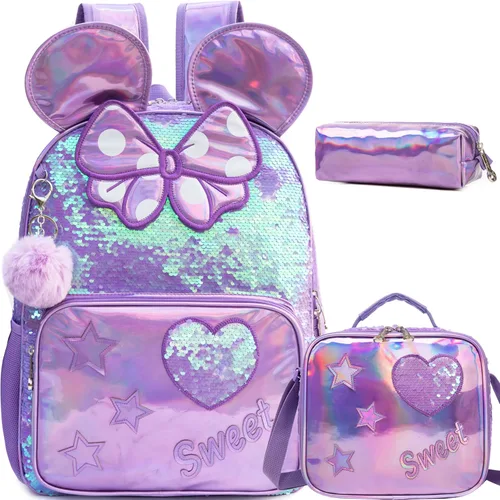 Miniatura 25 de Mochila para niñas de 16 pulgadas, mochilas para niñas para la escuela, mochila de lentejuelas con lonchera para estudiantes de primaria
