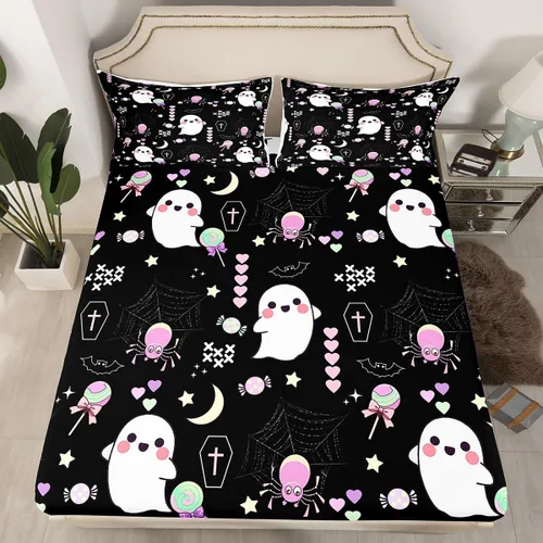 Miniatura 9 de Sábana bajera ajustable de fantasma de Halloween, tamaño individual, sábana de bruja de calabaza de caramelo de dibujos animados, juego de ropa