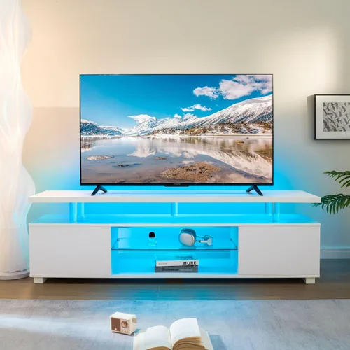 Miniatura 7 de Soporte de TV negro con luces LED para TV de 60 o 65 pulgadas, moderno centro de entretenimiento con almacenamiento, consola de TV