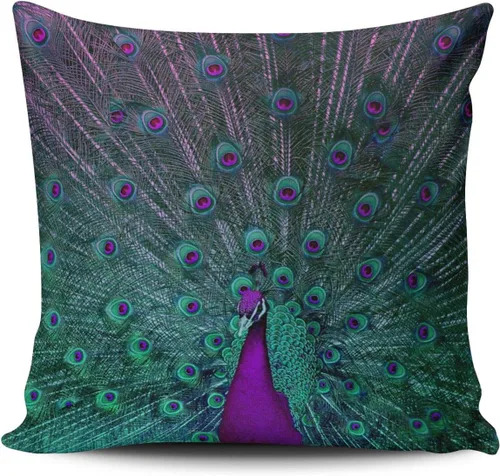 Funda de almohada decorativa color morado y verde azulado con diseño de pavo real floreciente, diseño de doble cara, tamaño cuadrado, 18 x 18 Multi