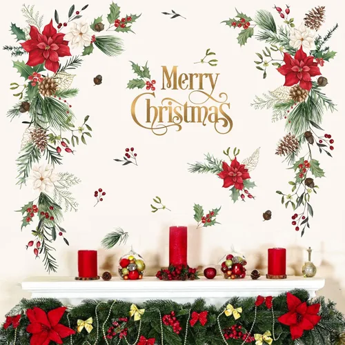 Miniatura 9 de Wondever Pegatinas de pared de camiones rojos - Gnomos, árbol de Navidad, calcomanías de arte para ventana para fiesta, decoración navideña