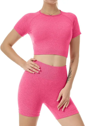 Miniatura 2 de Nicytore Conjuntos de yoga para mujer, conjunto de 2 piezas, sin costuras, manga corta, pantalones cortos, leggings de entrenamiento, ropa deportiva
