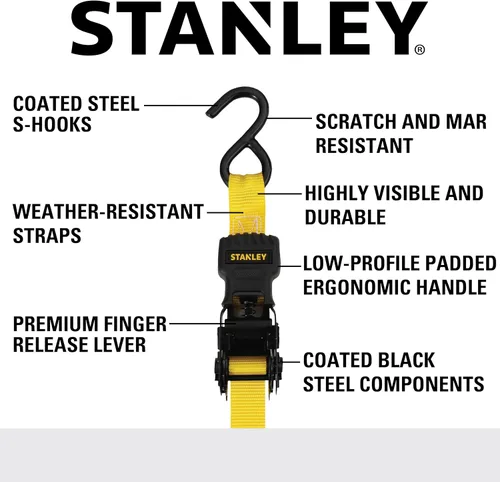 Miniatura 2 de STANLEY S10002 Correas de amarre de trinquete negras/amarillas de 1 pulgada x 10 pies - Carga de trabajo segura de 500 libras / Resistencia a