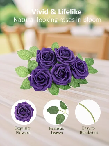 Miniatura 137 de N&T NIETING Flores artificiales, rosas artificiales de color rosa intenso, 50 piezas de flores falsas con tallo para ramos de boda DIY, centros