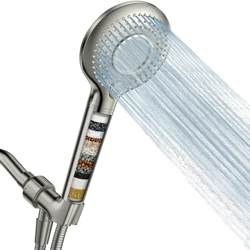 FEELSO Cabezal de ducha filtrado con portátil, cabezal de ducha de alta presión con 3 modos de pulverización con manguera de 60 pulgadas, soporte y