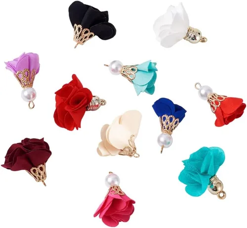 Miniatura 2 de Cheriswelry Colgantes de flores de tela de tela con pétalos florales con tapa dorada para aretes de bricolaje, llavero, fabricación de joyas