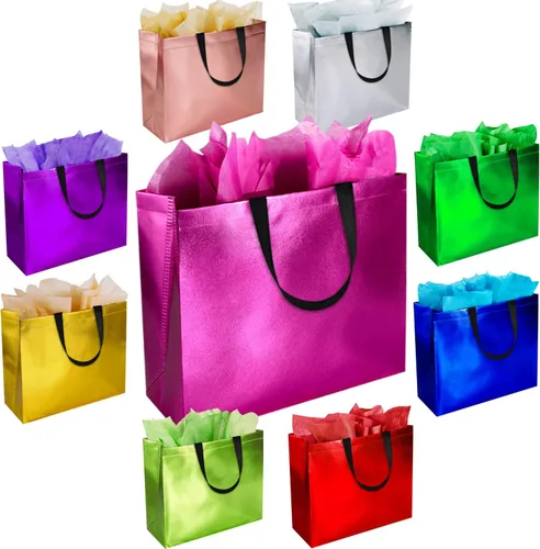 GITMIWS Bolsas de regalo brillantes de 13 pulgadas con pañuelos, juego de 18 bolsas reutilizables de colores mixtos, tamaño grande, ideal como bolsa
