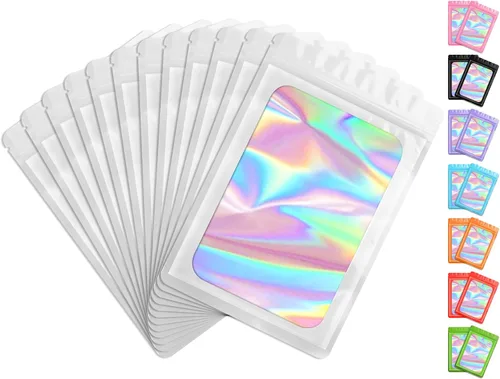Miniatura 7 de FUNFERY 100 piezas de bolsas resellables transparentes holográficas, bolsas de embalaje a prueba de olores, bolsas de almacenamiento de alimentos