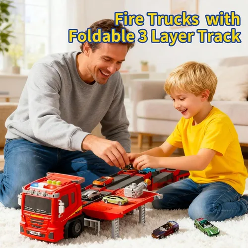 Miniatura 7 de Juego de camiones de bomberos para niños de 3 a 7 años, camión de bomberos con 3 dardos suaves y 8 mini autos de aleación, juguetes plegables de 3