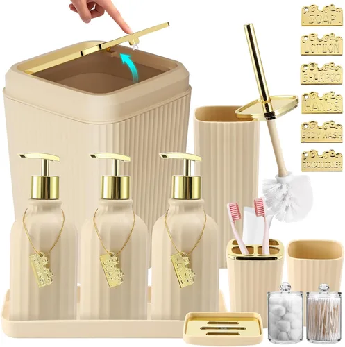 Miniatura 15 de 21PCS Bathroom Sets with Shower Curtain and Rugs Bathroom Accessories Set Beige Bathroom Set Complete with Trash Can, Toilet Brush, Qtip Holder &