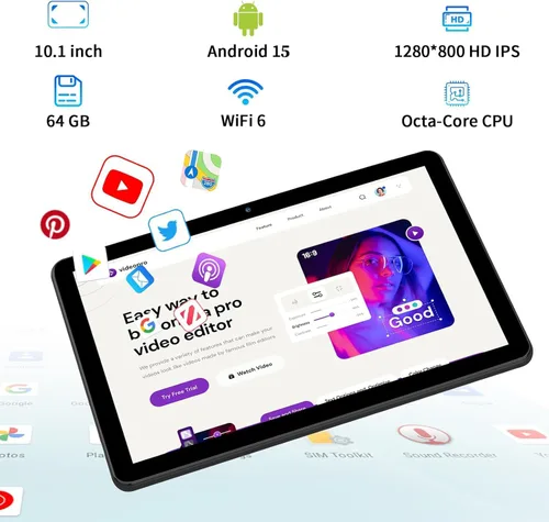 Miniatura 2 de PRITOM Tablet Android 15 de 10 pulgadas, Octa-Core, WiFi 5Ghz, pantalla IPS HD, tabletas de 64 GB con teclado, una funda personalizada, cargador