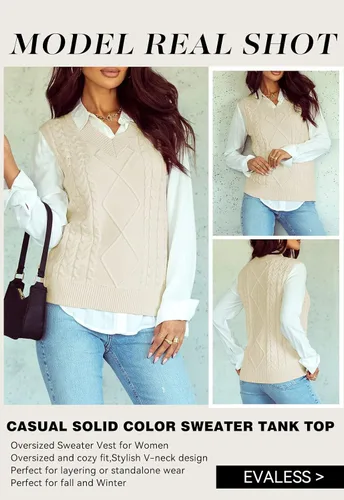Miniatura 8 de EVALESS - Chaleco de gran tamaño para mujer, cuello en V, sin mangas, color sólido, suéter suelto