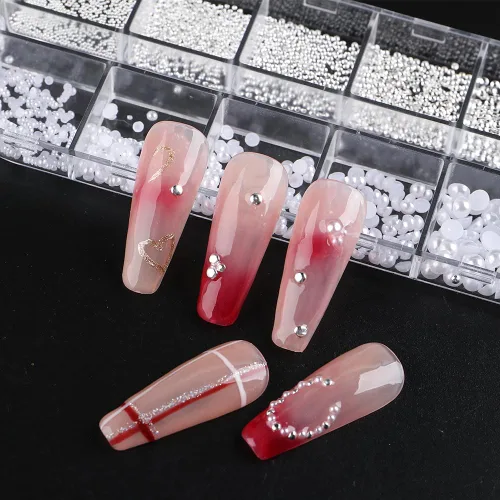 Miniatura 3 de 1 caja/12 rejillas para arte de uñas, perlas blancas para uñas, cuentas de perlas semicirculares, pequeñas cuentas de acero inoxidable, cuentas