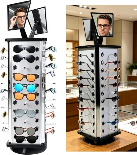 Organizador de gafas de sol giratorio de 360 ° con soporte para gafas de sol | 44 Pairs Eyewears Sunglass Display Stand Eyeglasses Rack with Mirror