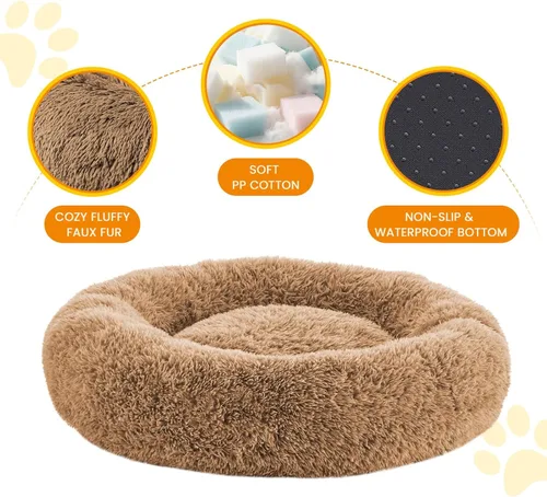 Miniatura 4 de Camas calmantes para perros grandes, cama para perros acolchonada de dona de piel sintética, almohada redonda y esponjosa, cama lavable para Marrón