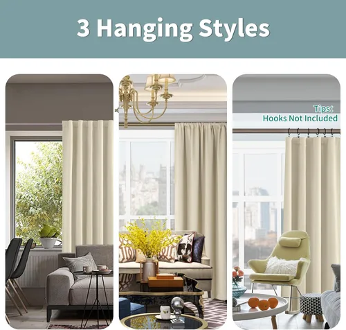 Miniatura 3 de BGment Cortinas 100% opacas beige de 63 pulgadas de largo con forro aislante térmico, bolsillo para varilla y lengüeta trasera de doble capa