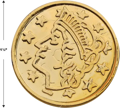 Miniatura 4 de Beistle 100 monedas de plástico dorado pirata en relieve, suministros temáticos occidentales, recuerdos de fiesta de casino, 1.5 pulgadas Embossed