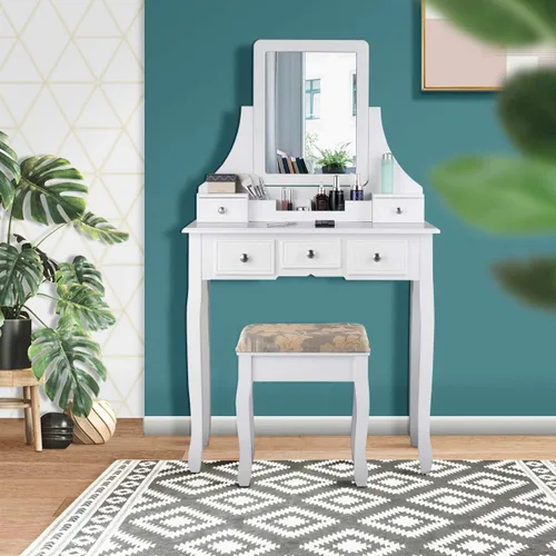 Miniatura 2 de CHARMAID Juego de tocador de maquillaje con espejo y taburete acolchado, tocador con 5 cajones y organizadores de almacenamiento extraíbles, mesa