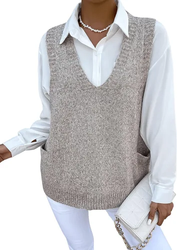 Miniatura 5 de Romwe Suéter de gran tamaño para mujer, cuello en V, doble bolsillo lateral, sin mangas, suéter de punto marmolado, suéter sin mangas