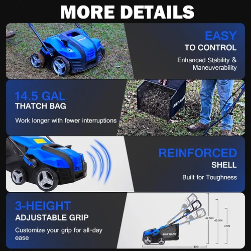 Miniatura 4 de BILT HARD Descompactador Escarificador eléctrico de 16 pulgadas, motor de cobre de 15 amperios, ajuste de profundidad de 5 posiciones, bolsa de paja