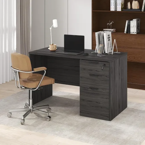 Furinno Roger - Escritorio ejecutivo de 47 pulgadas con archivador, escritorio de oficina en casa con archivador de pedestal fijo de 3 cajones, ojal