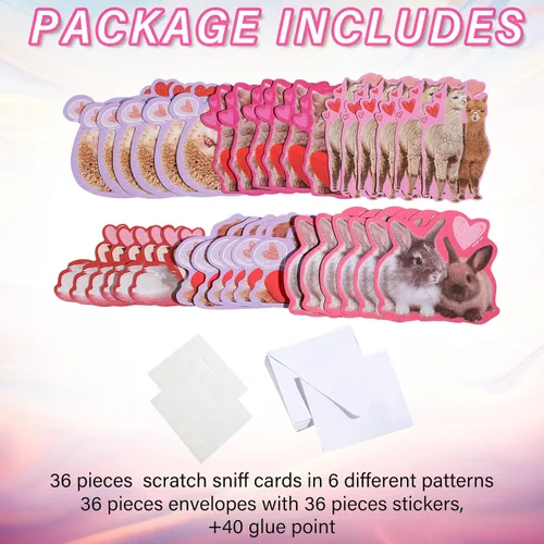 Miniatura 3 de Funrous 36 tarjetas de San Valentín para oler arañazos de animales para regalo del día de San Valentín, tarjetas perfumadas de fresa, sobres