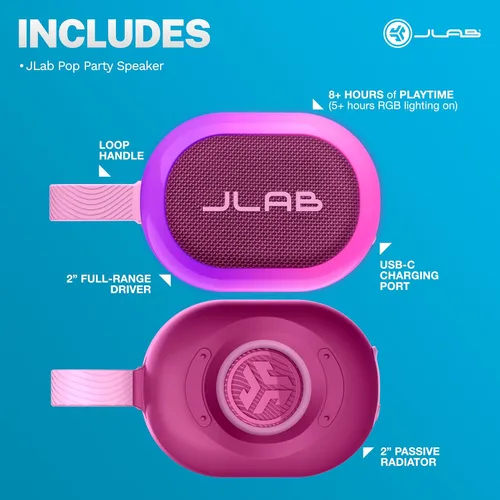 Miniatura 8 de JLab Altavoz Bluetooth Portátil Pop Party, Mulberry, Más de 8 Horas de Reproducción, Impermeabilización IP55, Asa de Bucle Desmontable, Iluminación