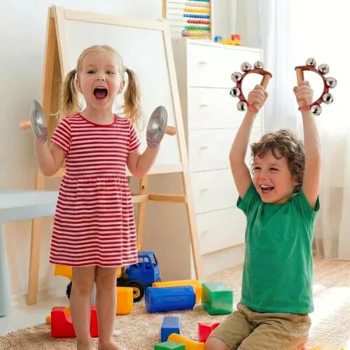 Miniatura 15 de Stoie's Instrumentos musicales de madera para niños pequeños con tambor, flauta, campanas de mano, platillos, castañuelas, triángulo, para bebés