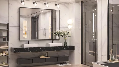 Miniatura 2 de Keonjinn Espejo grande de baño negro de 48 x 40 pulgadas, espejo de tocador de baño para pared, espejos con marco de metal de gran tamaño para sobre