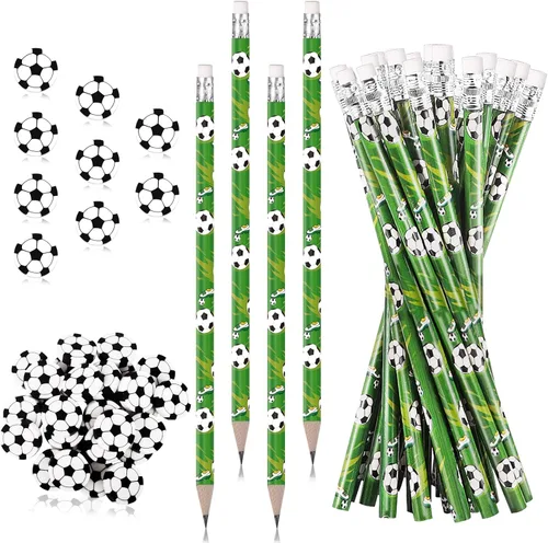 Miucat Juego de 36 lápices de fútbol y borradores, instrumentos de escritura deportiva, divertidos lápices de madera para niños, recuerdos de fiesta