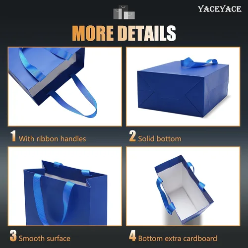 Miniatura 4 de Bolsas de regalo azules, 10 unidades, 8 x 4.25 x 10.5 pulgadas, bolsas de regalo de papel azul mediano con asas de cinta, multiusos, boda