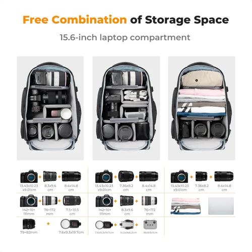 Miniatura 2 de K&F CONCEPT Mochila para cámara, bolsa de cámara de 25L de gran capacidad para fotógrafos con funda protectora contra la lluvia y compartimento