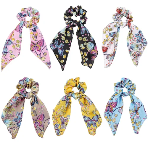 Miniatura 9 de Bufanda para el cabello, coleta de caballo con 6 bufandas, estampado de flores de cachemira, material de gasa, para mujeres y niñas, accesorios