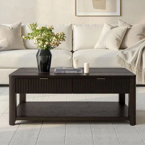 Miniatura 7 de HULALA HOME Mesa de centro moderna acanalada con almacenamiento, mesa de centro de chapa de roble de madera con mesa ancha, 2 cajones y estante Nogal
