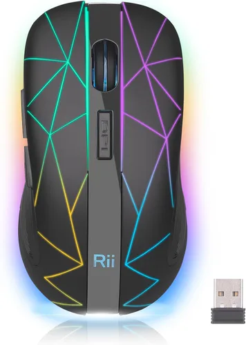 Rii Ratón inalámbrico RM200 2.4G con receptor nano USB, mouse recargable de 5 botones, mouse RGB retroiluminado colorido para juegos para portátil,