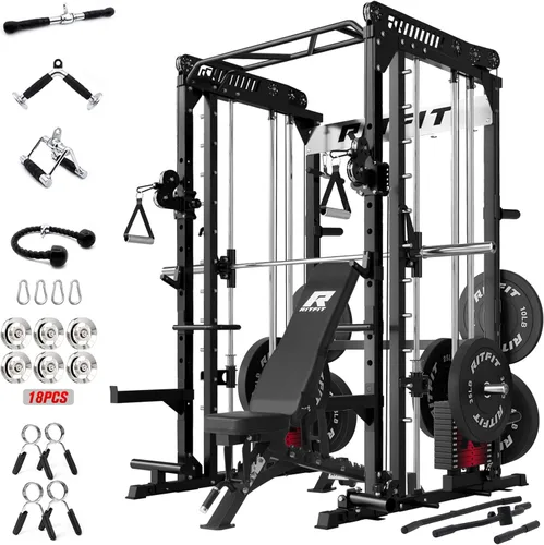 Miniatura 11 de RitFit Paquete de máquina M1 Pro Smith, jaula de potencia todo en uno con juego de pilas de pesas, incluye sistema LAT Pulldown y cable cruzado