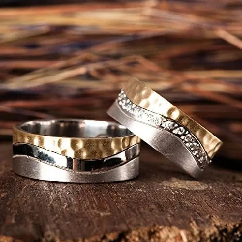 Miniatura 2 de Juego de anillos de boda martillados chapados en oro de 14 quilates para parejas, juego de alianzas de boda a juego personalizado para hombre