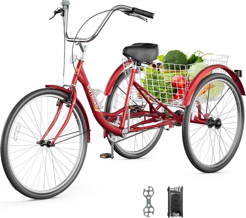 Miniatura 11 de Outroad - Triciclo Comfort de 24/26 pulgadas, triciclo de crucero de 1 velocidad, bicicletas de 3 ruedas con cesta grande para personas mayores