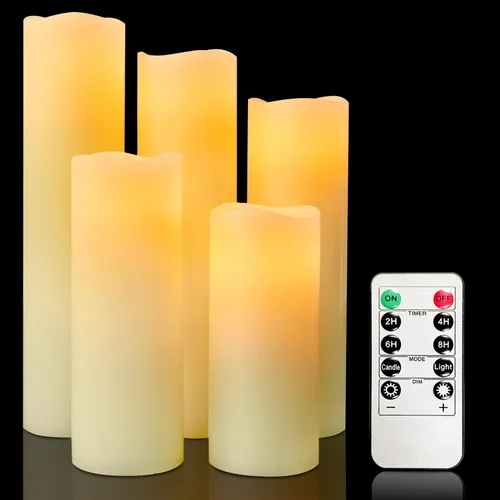 VETOUR Vela de pilar de cera sin llama: paquete de 5 velas LED que funcionan con pilas H5 6, 7, 8, 9 pulgadas, D2.2, velas eléctricas parpadeantes