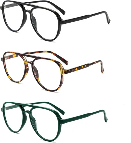 Miniatura 10 de MMOWW Paquete de 4 gafas de lectura estilo aviador sobredimensionadas para mujeres y hombres, estilo piloto retro de doble puente, con bloqueo