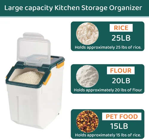 Miniatura 4 de Recipiente de almacenamiento de arroz de 25 libras, contenedor grande de harina para el hogar, dispensador hermético de cereales de grano