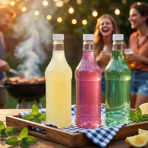 Miniatura 4 de Noamus Paquete de 8 botellas de refresco de plástico de 33 onzas con tapas, contenedor de jugo de PET transparente vacío reutilizable de 1 litro