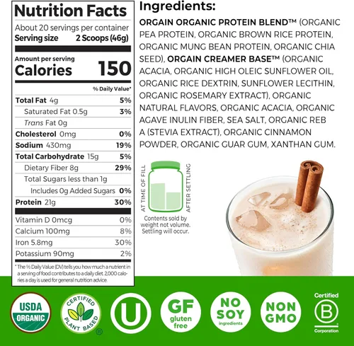 Miniatura 2 de Orgain - Proteína orgánica vegana en polvo, Horchata - 21g de proteína a base de plantas, 9g de fibra prebiótica, bajo en carbohidratos netos, sin