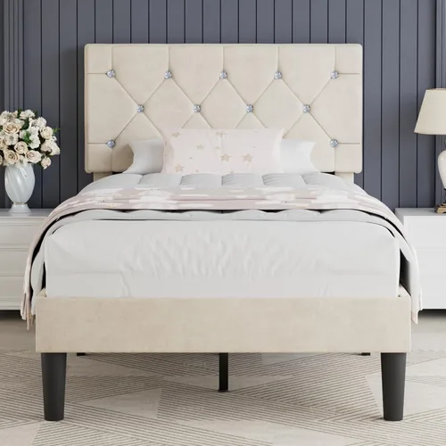 Miniatura 28 de VECELO Base de cama de tamaño individual, plataforma tapizada con cabecera ajustable de diamante, soporte de listones de madera, no necesita somier