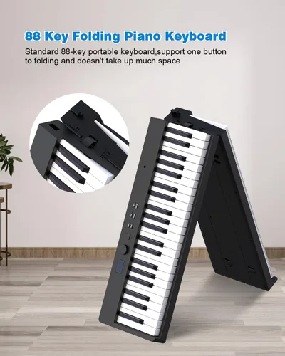 Miniatura 7 de Teclado de piano plegable de 88 teclas, teclado de piano portátil con tecla semipesada estándar, piano plegable con soporte Bluetooth/MIDI con Negro