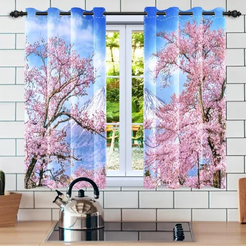 Miniatura 42 de Cortinas japonesas con pintura de tinta, monte Fuji, sol rojo, puesta de sol, hojas de bambú, cortinas de ventana para dormitorio, sala de estar