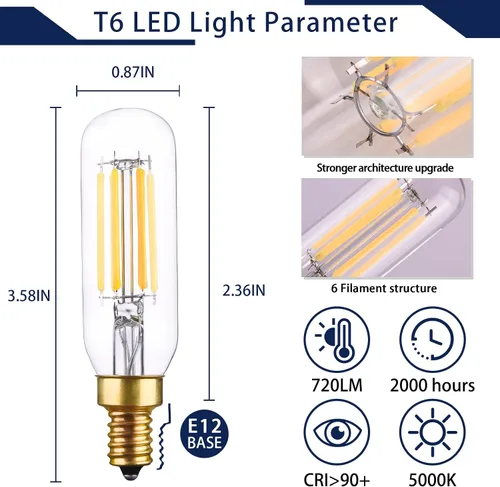 Miniatura 4 de CREATE BRIGHT Bombilla LED regulable E12 equivalente a 80 W, candelabro pequeño, clásico, T6 T25, bombillas para ventilador de techo, luz diurna